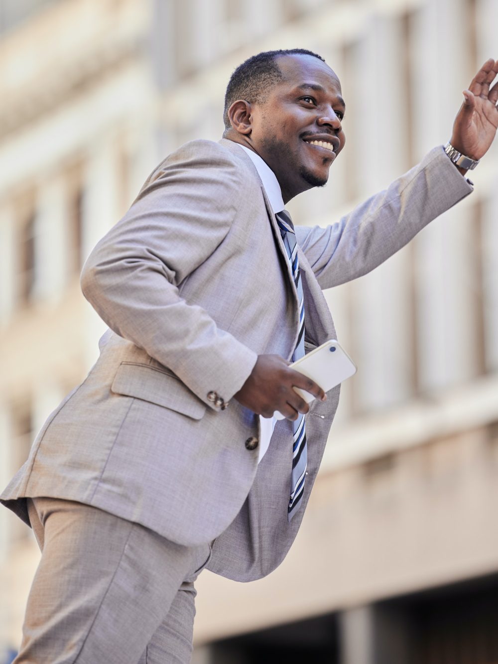 African businessman, stop taxi and street in city, metro or urban transport for travel, meeting or